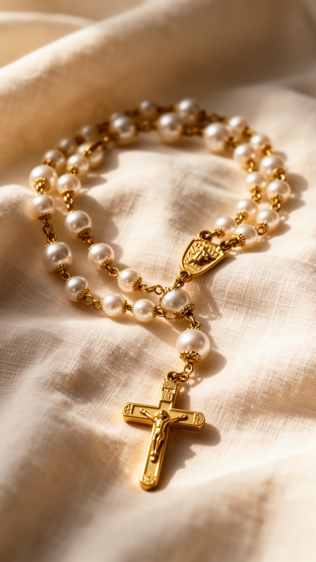 Handmade gold rosary with crucifix and Miraculous Medal resting on ivory linen